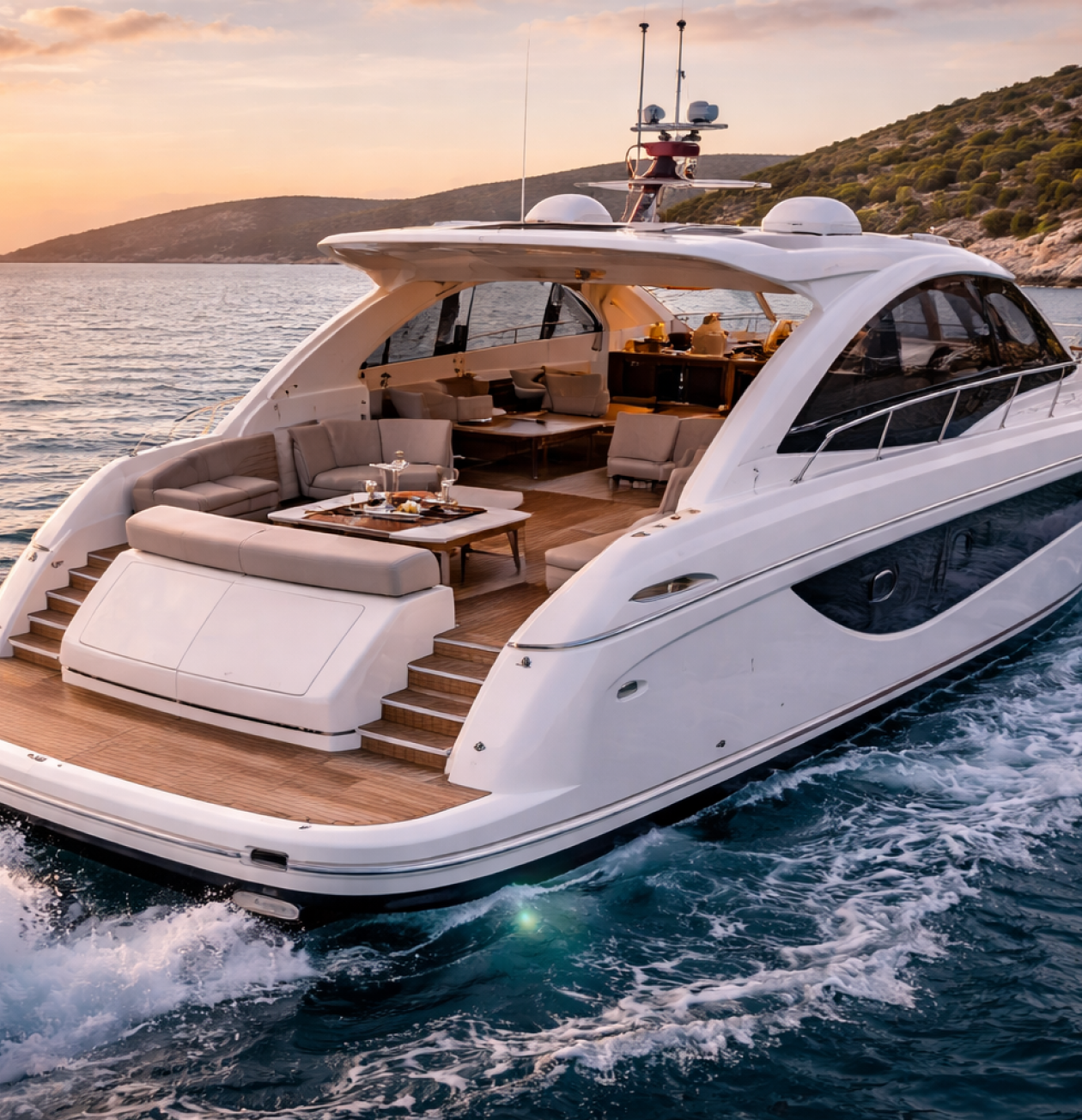 Luxurious white motor yacht with open aft deck, lounge seating and dining area at sunset.