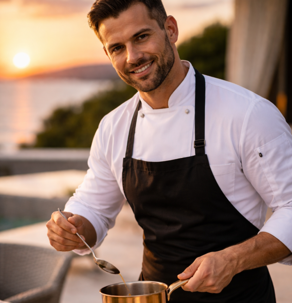 Smiling chef in white coat and black apron cooking outdoors at sunset.