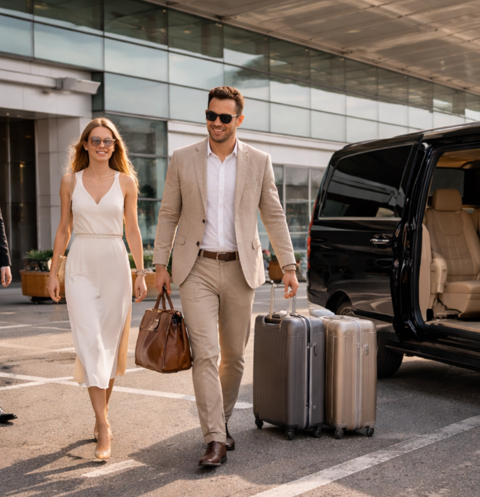 Stylish couple with rolling luggage exiting a black van at an airport pickup area beside a glass-front building.