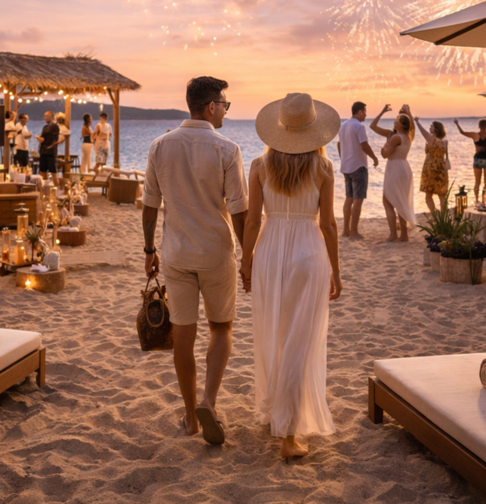 Couple walking hand-in-hand on a sunset beach as fireworks light the sky, at a tropical beach party with guests.