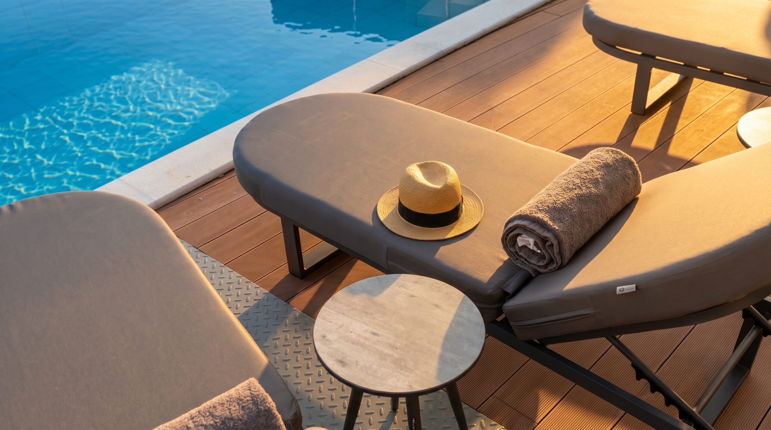 Two sun loungers with rolled towels and a straw hat rest beside a swimming pool on a wooden decking, with a small round side table between them in the warm sunlight.