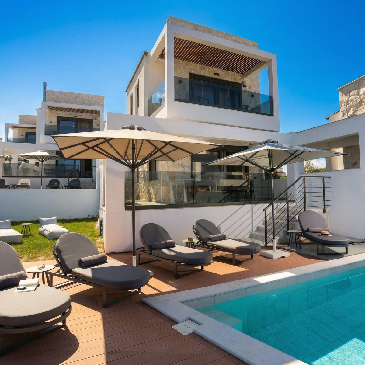 Modern white villa in Greece Halkidiki with a resort-style pool, poolside loungers, and large umbrellas on a wooden deck.